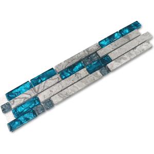 Hominter Glass Stone Tile Linear Mosaic Teal Blue Crystal Glass Gray Polished Marble Interlocking Bathroom Wall Tiles Kitchen Backsplash Fireplace Decor (3x12 Sample)