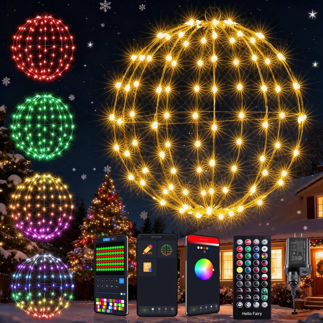 Joomer Smart RGB Christmas Hanging Ball Lights, 12in 108 LED Foldable Color Changing Xmas Light, App and Remote Control, Waterproof Outdoor Fairy Globe Lights for Christmas Decor (Non-Connectable)