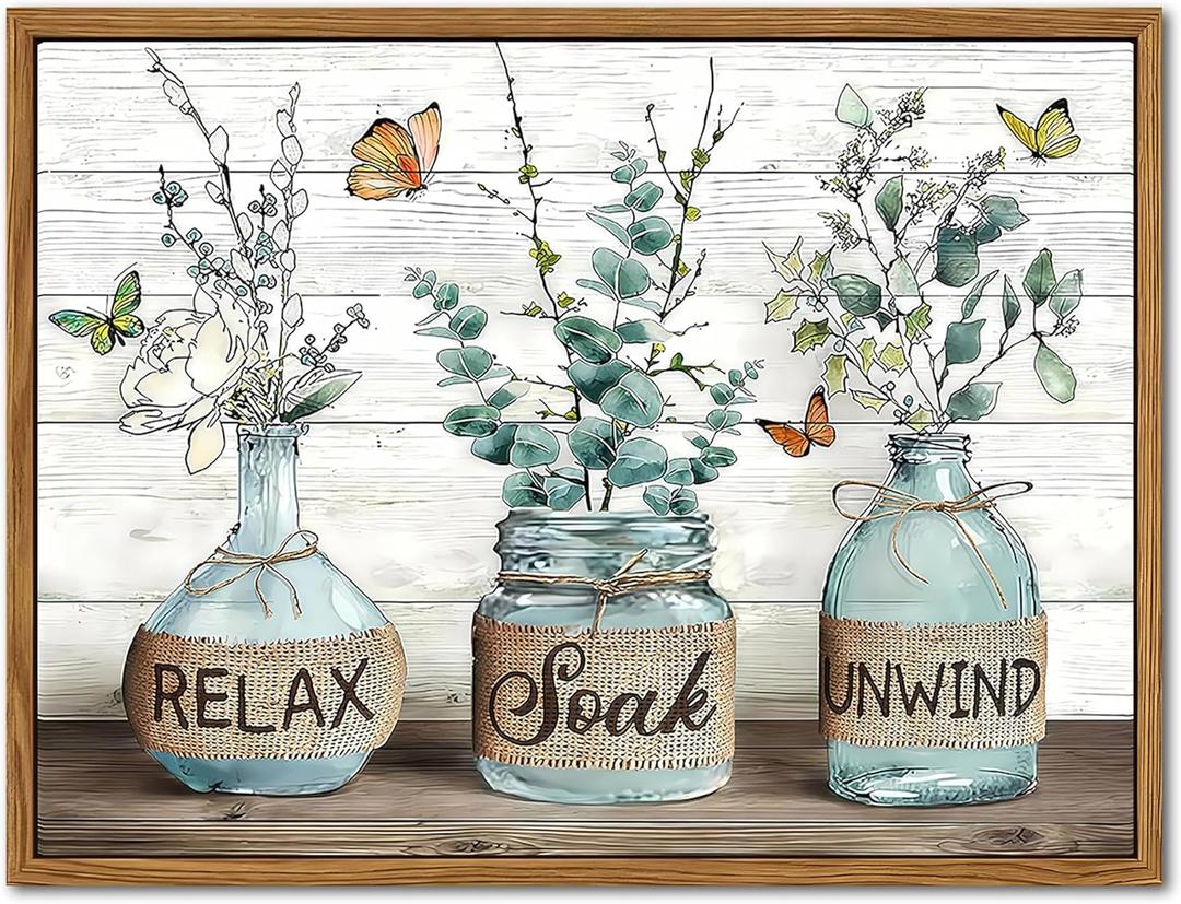 Floating Framed Farmhouse Bathroom Decor Wall Art, Green Botanical Rustic Cotton Pictures Canvas Wall Decor Paintings, Country Relax Soak Unwind Sign Artwork Posters Prints for Bathroom 12x16 Inch