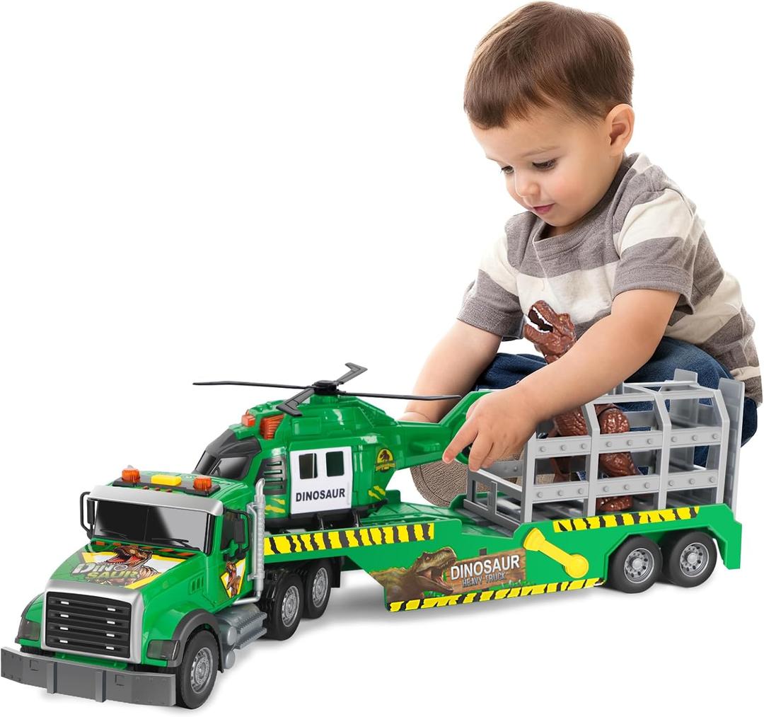 UFLJPKS Kids Dinosaurs Semi Trailer Truck Toys, Large Semi Flatbed Truck Toy with Helicopter and Dinosaurs, Lights and Sounds, Toddler Boy Transport Vehicle Toys for Age 3 4 5 6+
