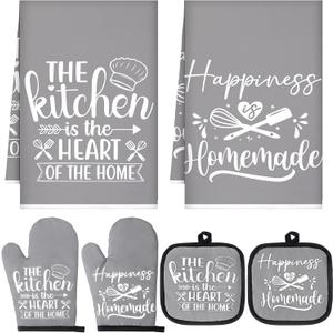 Sratte 6 Pcs Kitchen Decor Accessories Set Farmhouse Towels Pot Holders Oven Mitts Set 2 Dish Towels 2 Potholders 2 Cooking Mittens Oven Glove for Christmas Baking Cooking Supply(Gray,Kitchen)