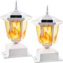 Dynaming 2 Pack Solar Flame Post Lights Outdoor, Solar Powered Lamps Fence Post Cap Lights, Flickering Flame LED Lantern Waterproof for Garden Deck Patio, Fit 4x4, 5x5 or 6x6 Wooden Posts, White Shell