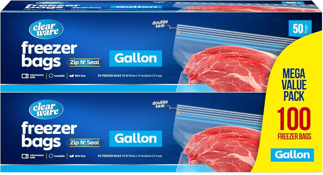 Gallon Freezer Bags, Double Zipper Seal - 100 Count, Thick Resealable Plastic storage Bags - Reusable Gallon Storage Bags for Food Storage, Meat, Vegetables, Fruit - Microwave-Safe, Zero BPA - 2 Boxes
