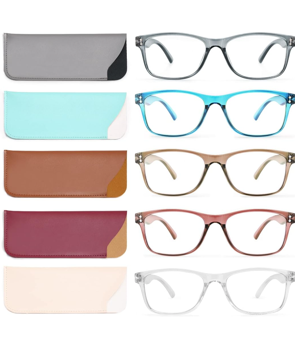 Reading Glasses Blue Light Blocking, Computer Glasses for Women Men, Fashion Square Eyeglasses 5 Pairs, +1.75