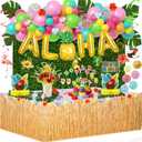 Hawaiian Aloha Luau Party Decorations, 153Pcs Tropical Summer Beach Birthday Supplies Grass Table Skirt Hanging Swirl Aloha Balloon Garland Honeycomb Centerpiece Hibiscus Palm Leaves Straws CakeTopper (Pink)
