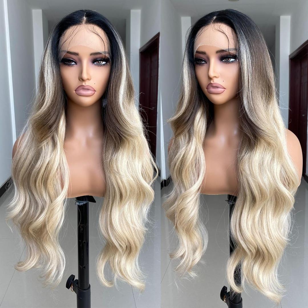 SISgrace Ombre Brown to Blonde Lace Front Wig Body Wave Wig with Dark Roots Wear and Go 13x4x1 T-part Lace Three Color Gradient 28 Inch Pre-plucked with Baby Hair Glueless Lace Wigs for Women