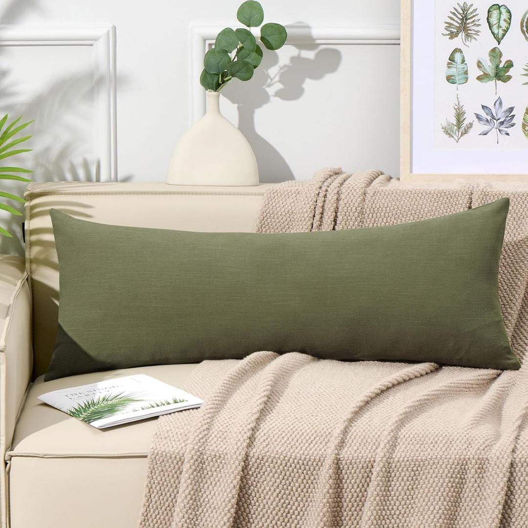 ORTIGIA 14x36 Linen Pillow Cover, Olive Green Decorative Long Lumbar Throw Pillow Covers, Farmhouse Vintage Boho Solid Color Body Pillowcase Cushion Case for Bed Couch Bench Living Room, ONLY Cover