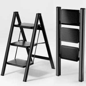 Step Ladder 3 Step Folding, Sturdy 330 Lbs Small Step Stool for Adults, Closet Step Stool Ladder with Anti-Slip Wide Pedals, Portable Folding Ladder for Home Kitchen Office (Black)