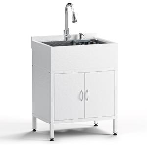 Laundry Sink with Cabinet, 26-Inch Wider Stainless Steel Utility Sink, Full Body Heavy Duty Design for Kitchen, Bathroom, Garage & Multi-Use Applications