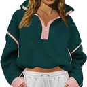 LAMISSCHE Half Zip Sweatshirt Women Oversized Sherpa Jacket V Neck Fleece Pullover Hoodie with Pockets (Medium, Dark Green)