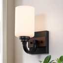 Mecgirn 1-Light Milk Glass Wall Sconces, Farmhouse Vanity Light Fixtures for Bathroom, Black and Wood Wall Lighting, Wall Sconce for Hallway, Entryway, Bedroom, Living Room