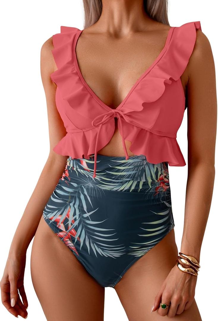 Eomenie One Piece Swimsuit for Women Tummy Control Ruffle Bathing Suit V Neck Ruched Swim Suit Slimming Cutout Swimwear (Medium, Pink Print)