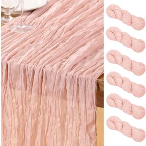 DeZerlor Pink Cheesecloth Table Runner 6 Pack Spring Easter Table Runners Boho Gauze 120 Inches Light Pink Cheese Cloth Table Decor for Wedding Bridal Baby Shower Parties