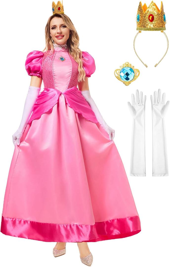 Funna Pink Princess Costume Adult Women Dresses Halloween Dress up Cosplay with Crown Gloves, Large