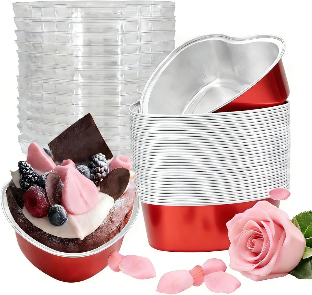Heart Shaped Cake Pans, 30 Count Disposable Aluminum Foil Baking Tins with Lids - 3.4 Oz Mini Heart Muffin Pans for Cupcakes, Valentine's Day, Mother's Day, Wedding, Christmas (Red)