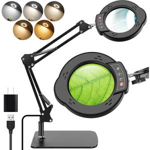 10X Magnifying Glass with Light and StandReal Glass Lens 5 Color Modes Dimmable LED Lighted Magnifier with Swing Arm Hands Free Magnifying Desk Lamp for Crafts Sewing Painting Reading Close Work