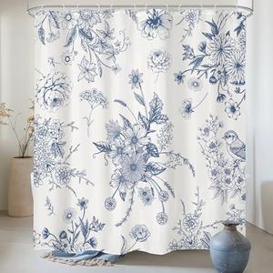 LIGHTINHOME Boho Blue Floral Shower Curtain 72Wx78H Inches Vintage Navy Blossom Bird Retro Rustic Farmhouse Chinoiserie Aesthetic Fabric Waterproof Polyester Bathroom Decor Set with Hooks