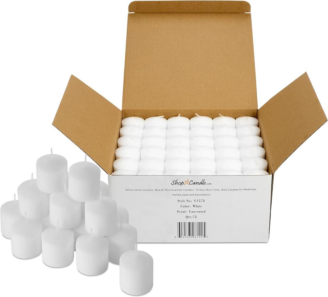 Bulk Pack of 72 White Votive Candles - Box of 72 Unscented Bulk Candles - 15 Hour Burn Time - for Weddings, Restaurants, Parties, Spa and Decorations.
