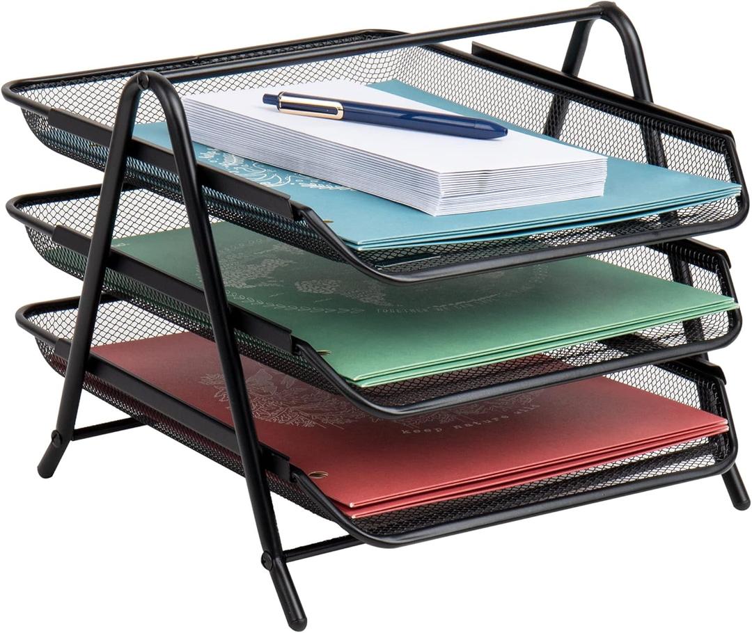 Mind Reader 3-Tier Paper Tray, Desktop Organizer, File Storage, Office, Metal Mesh, 11.75"L x 13.75"W x 10"H, Black (Black)