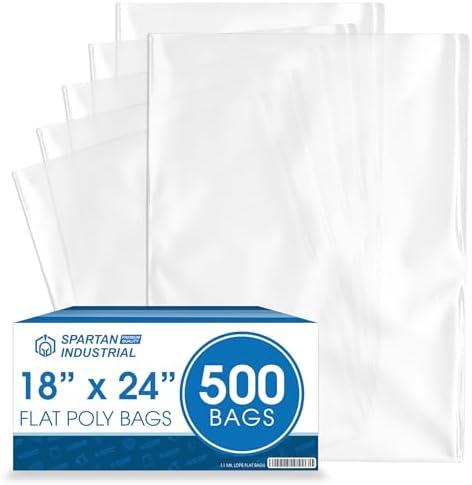 Spartan Industrial - 18” X 24” (500 Count) 1.1 Mil Flat Open End Clear Plastic Poly Bags - for Proofing Bread Dough, Packaging Clothes, Shirts (Thin & Lightweight - Bags DO NOT Have Seal)