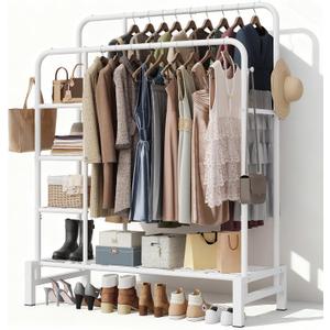 Clothes Rack for Hanging Clothes, Double Rods Clothing Rack with 3 Tier Storage Shelves, Multifunctional Heavy Duty Clothes Rack with Hooks for Bedroom, Laundry, Wardrobe Closet, White
