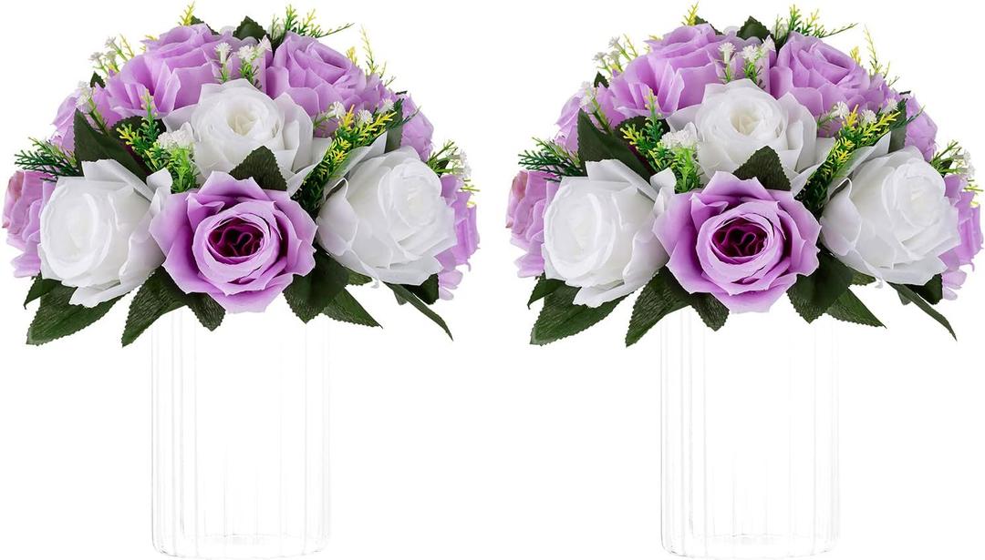NUPTIO Flower Wedding Centrepieces for Tables - 2 Pcs 9.5in Diameter Lilac & White Artificial Flowers Rose Ball for Centerpieces Table - Fake Rose Arrangements for Weddings Birthday Party Decor