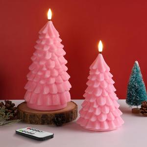 Eywamage Pink Christmas Tree Flameless Candles with Remote, Real Wax Flickering LED Pillar Candles Set of 2