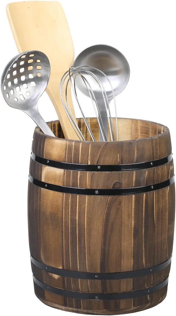 MyGift Barrel Design Kitchen Utensil Crock, Vintage Rustic Burnt Wood Cooking Tool Holder
