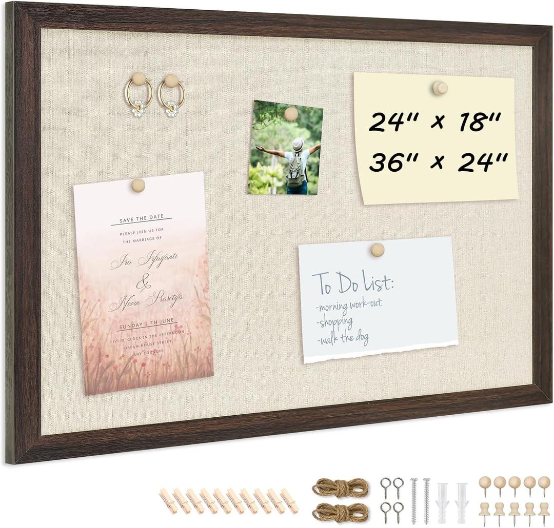 DOLLAR BOSS Bulletin Board with Linen 24'' x 18'' Wood Framed Cork Boards for Walls, Photo Display Pin Board, Decorative Corkboard for Office Home School Dorm Decor with 10 Pushpins, Dark Walnut