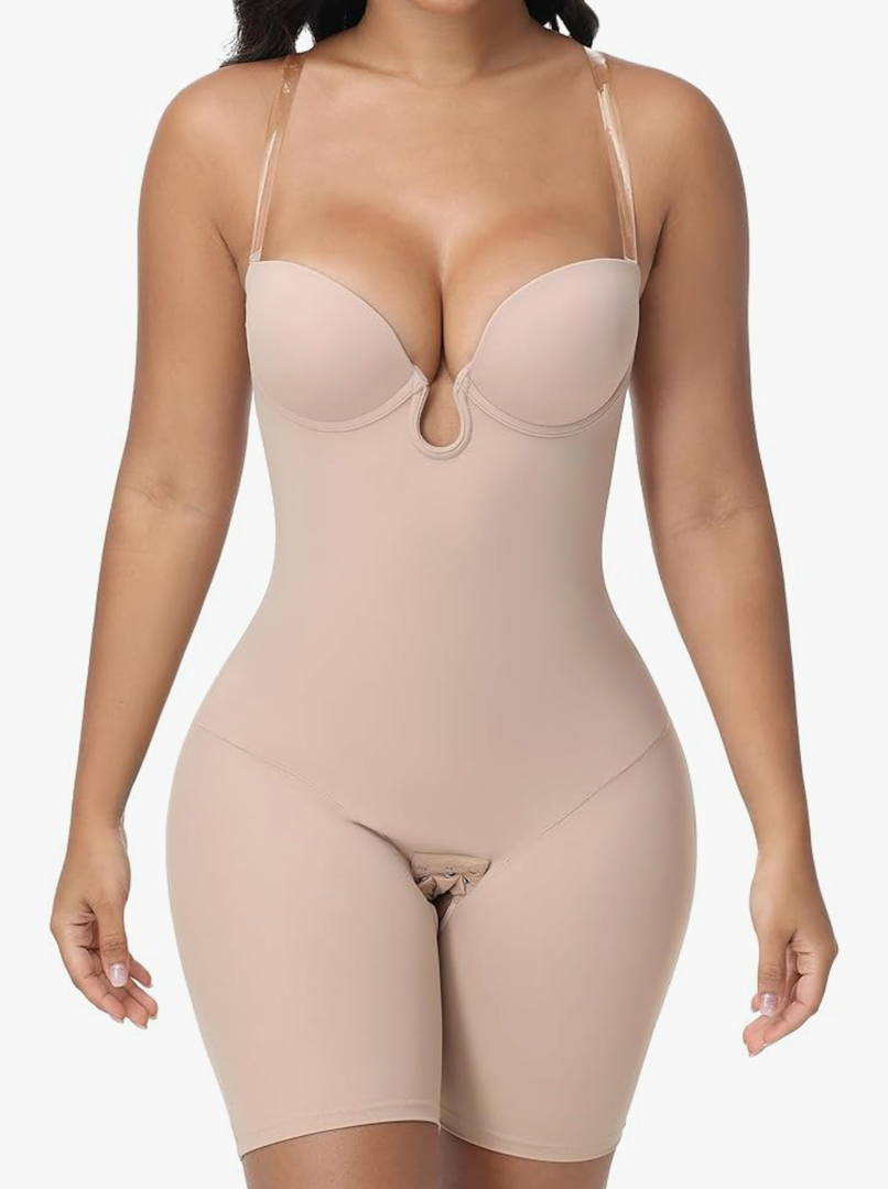 Strapless Shapewear for Women Backless Bodysuit Tummy Control Built-in Bra Low Back Deep U Plunge Body Shaper,L