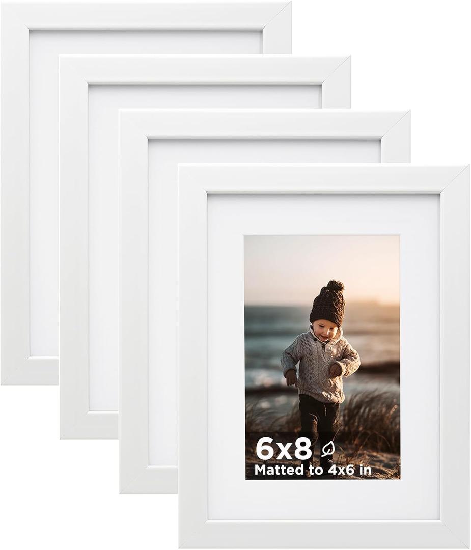 KINLINK 6x8 Picture Frame White Set of 4, Wooden Photo Frames Matted 4x6 with Plexiglass for 4x6 with Mat or 6x8 without Mat for Table and Wall Display
