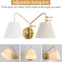 Gold Wireless Wall Sconces Set of Two, Swing Arm Battery Wall Sconce, Battery Operated Wall Sconce with Remote, Battery Sconces with Linen Lampshade, Rechargeable Wall Lights for Living Room