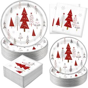 Homlouue 200 Pcs Disposable Christmas Tree Plates and Napkins Sets, Heavy Duty 9 inch Paper Plates, Christmas Party Supplies Decoration for 50 Guests