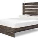 Signature Design by Ashley Drystan Rustic Queen Panel Bed, Sconce LED Lights, USB Ports and Nailheads, Foundation or Box Spring Needed, Dark Brown & Gray