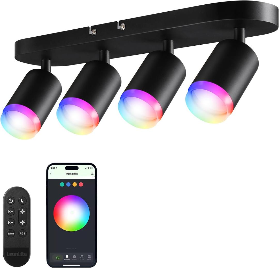LEONLITE Smart LED Track Lighting, WiFi RGB Ceiling Lighting Kit, 4 Head Black Track Light with Remote, APP Control, Compatible with Google Home/Alexa/Siri, 16 Million Colors, 2400-5000K Dimmable, 30W