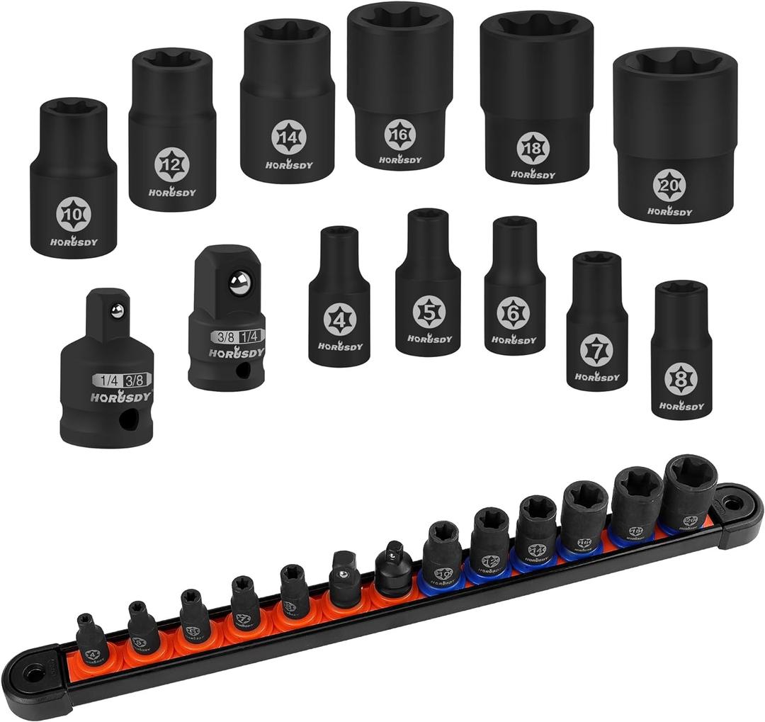 HORUSDY E-Torx Socket Set 13-Piece External Socket Set | 11-Piece Female E-Torx Sockets (E4-E20) Star Socket Set | 2-Piece Impact Socket Adapter Set