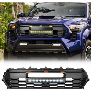 Front Grille For Tacoma 2024 2025 Hollow Grill with Amber Lights and Dual Color LED Light Bar Matte Black Front Bumper