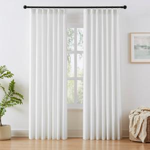 White Linen Semi Sheer Curtains for Living Room 95 Inch with Hooks & Rings | Light Filtering, Pinch Pleated Linen Textured Window Drapes for Office Sliding Glass Doors, 2 Panels Set, Back Tab, 40"W