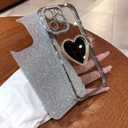 Changjia Glitter Mirror Case for iPhone 17 Pro Max,Cute Luxury Diamond Heart Makeup Mirror Bling Sparkly Rhinestones with Camera Protector TPU Bumper Women Girls Case for iPhone 17 Pro Max 6.9",Silver