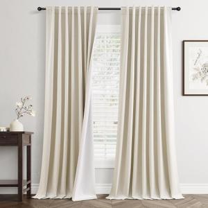 Beige Cream Linen Blackout Curtains 96 Inch Length 2 Panels Set for Living Room Bedroom Thermal Noise Reduction 100% Black Out Linen Drapes Room Darkening Window Curtains 96 Inches Long Back Tab