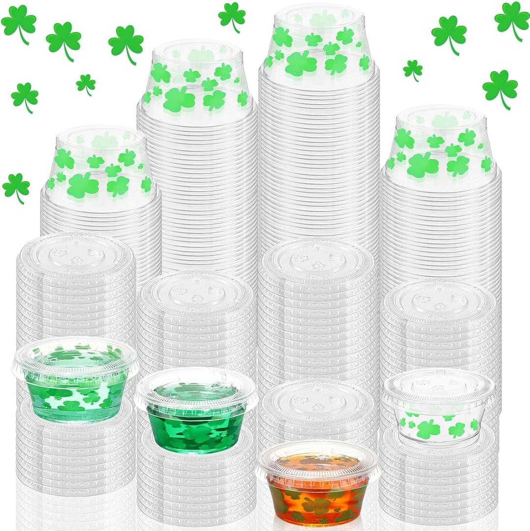 Yaomiao 150 Pcs 2 oz St. Patrick's Day Jelly Cups Shot with Lids Fun Shamrock Clover Shaped Design Plastic Shot Cups for Irish Festival Carnival Party