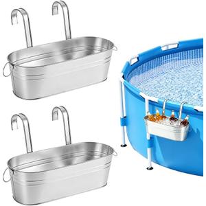 2 Pack Large Galvanized Ice Buckets for Above Ground Pools, 15.7" x 6.7" x 4.7" Siver Metal Ice Tub Drink Cooler with Hanging Hooks for Poolside Beach Camping Cooling Supplies