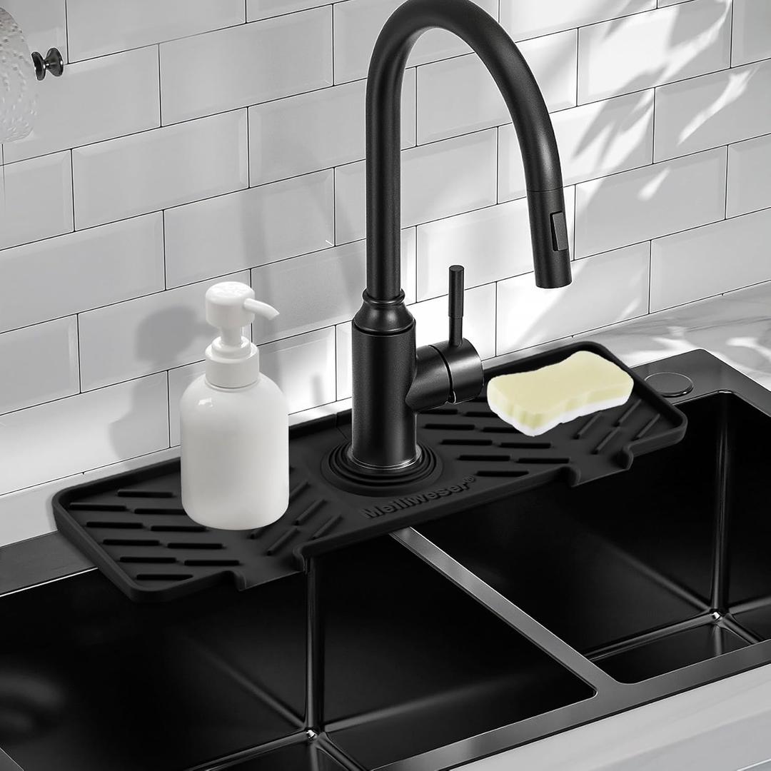 Meiliweser Silicone Faucet Mat for Kitchen Sink  Gen 3 10 Slope Splash Guard with Cuttable Hole  14 x 5.5 Drip Catcher & Sponge Holder for Kitchen, Bathroom (Black)