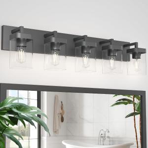 Bathroom Vanity Light, Square Design 5 Lights Morden Bathroom Lighting Fixtures Over Mirror, Black Vanity Light for Living Room/Bedroom