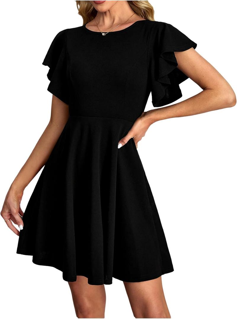Women's Butterfly Short Sleeve Mini Dress Crew Neck A Line Elegant Work Office Dresses (Black, M)