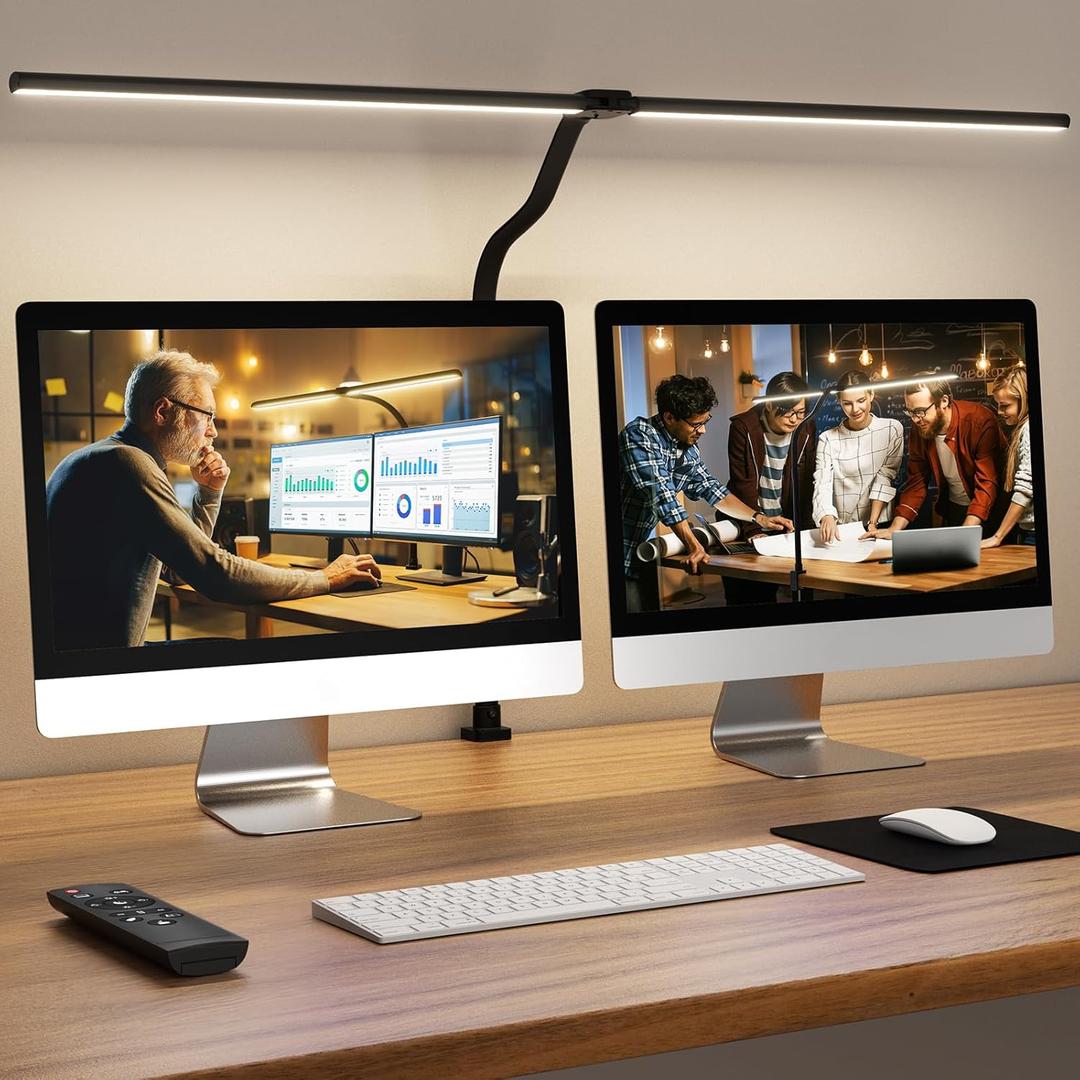 LED Desk Lamp for Home Office, Remote Control Computer Desk Light Bright Table Lamp for Study Dimmable Desktop Lighting with Clamp Adjustable Gooseneck, Double Head, 24W, Black