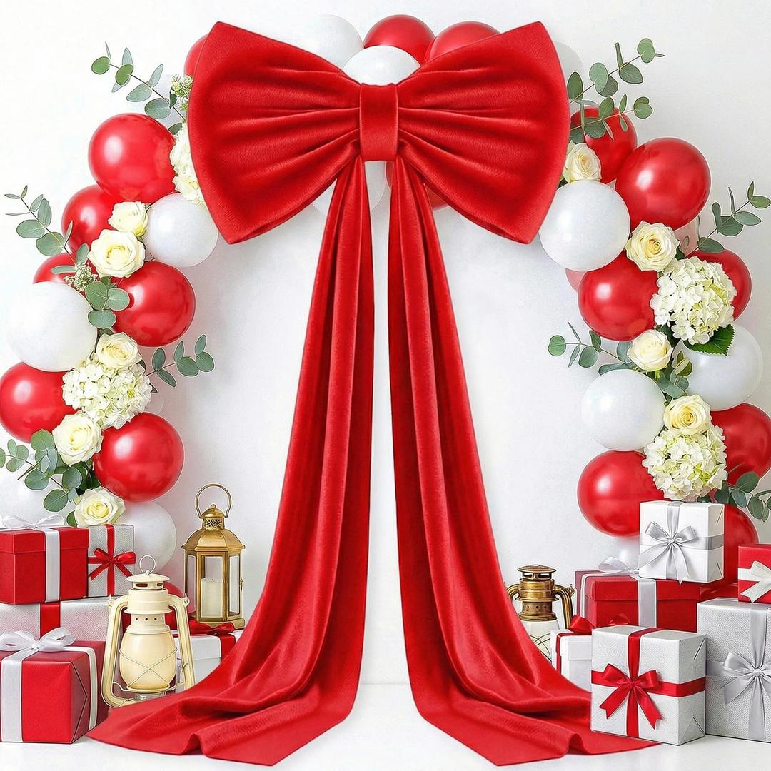 MODFUNS Giant Bow Decoration Big Red Bow with Long Ribbon, 75x23 Inch Velvet Large Bows for Backdrop Coquette Oversized Bows Decor for Birthday Party Wedding Baby Shower Holiday
