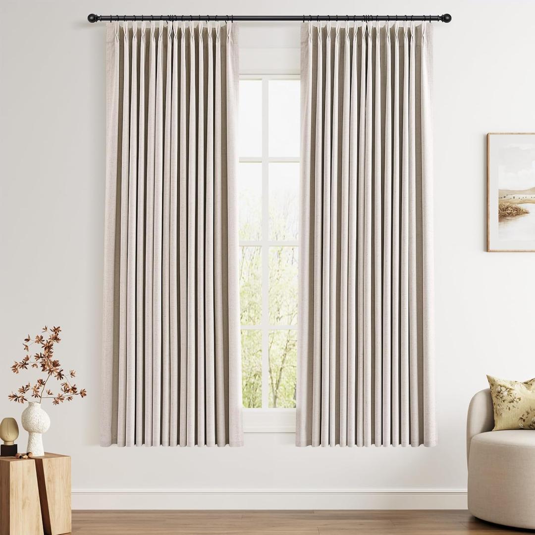 Joywell Pinch Pleated 100% Blackout Linen Curtains 63 Inches 2 Panels Set Pinch Pleat Linen Curtains for Living Room Darkening Thermal Insulated Soundproof Short Window Drapes with Hooks 40x63 Beige