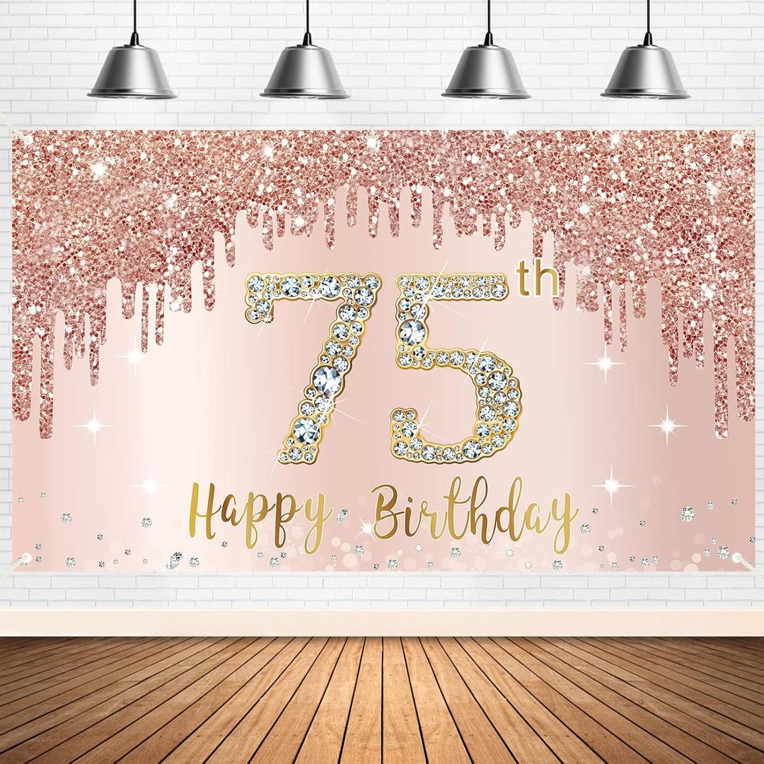 75th Birthday Banner Backdrop Decorations for Women, Rose Gold 75 Birthday Party Sign Supplies, Pink 75 Year Old Birthday Poster Background Photo Booth Props Decor