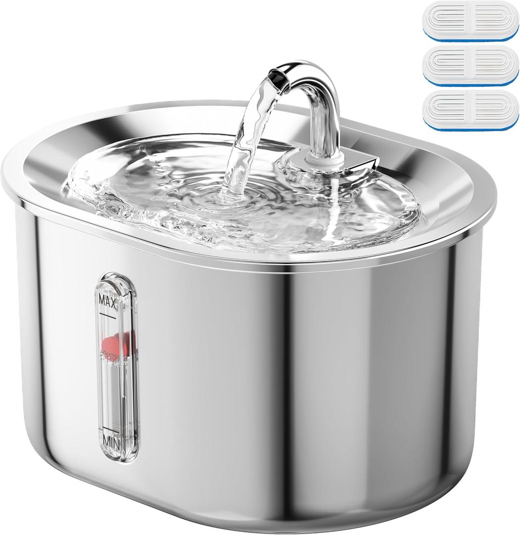 Cat Water Fountain with Water Level Window, 2.6L/88oz Automatic Stainless Steel Pet Fountain Dog Water Dispenser, Ultra Quiet Pump and 3 Replacement Filters & for Cats, Dogs, Multiple Pets